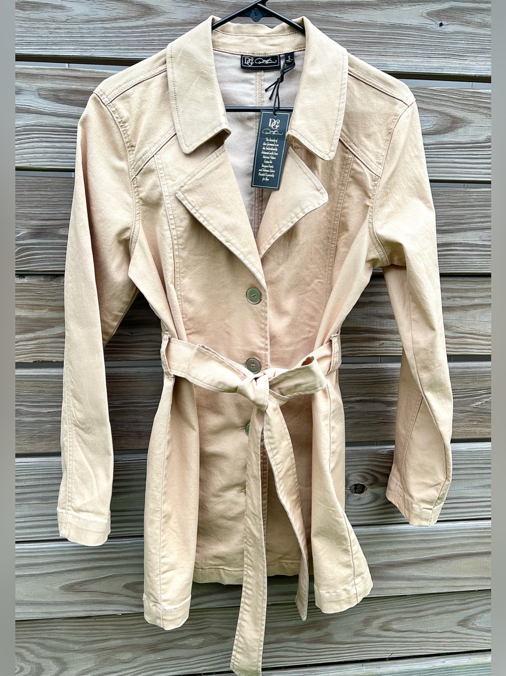 DG2 Diane Gilman City Trench Coat Jacket Tan Khaki Classic Stretch Denim SZ S